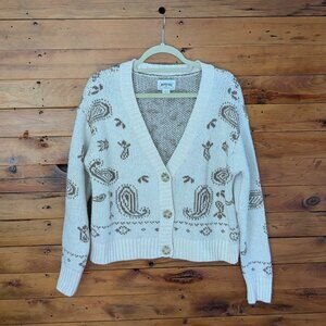 American Eagle Vintage Bandana Knit Cardigan Cream and Tan Women's Size M Medium